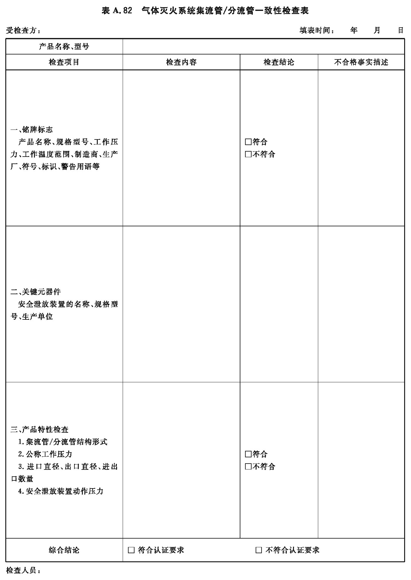 气体灭火系统集流管/分流管一致性检查表