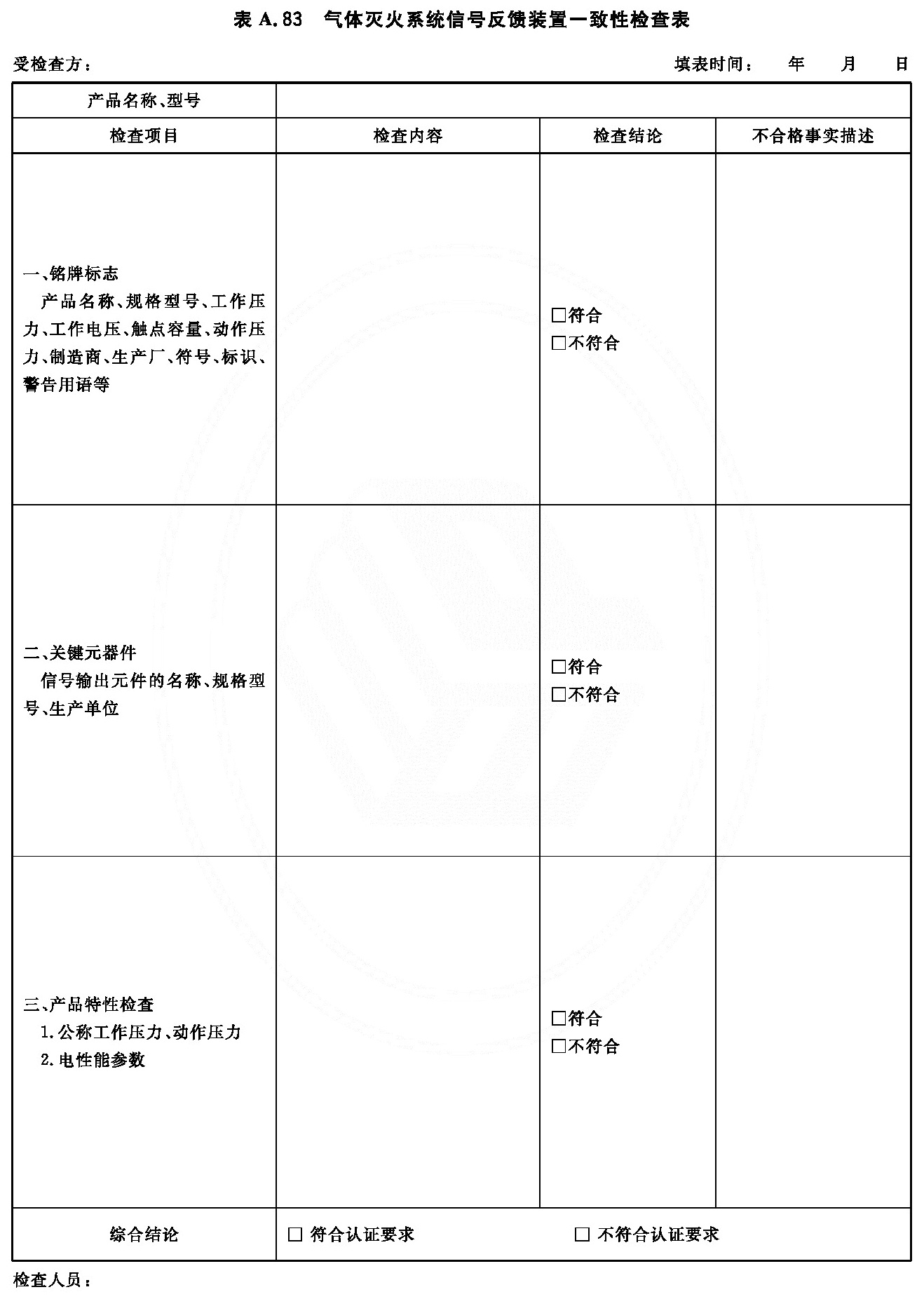 气体灭火系统信号反馈装置一致性检查表