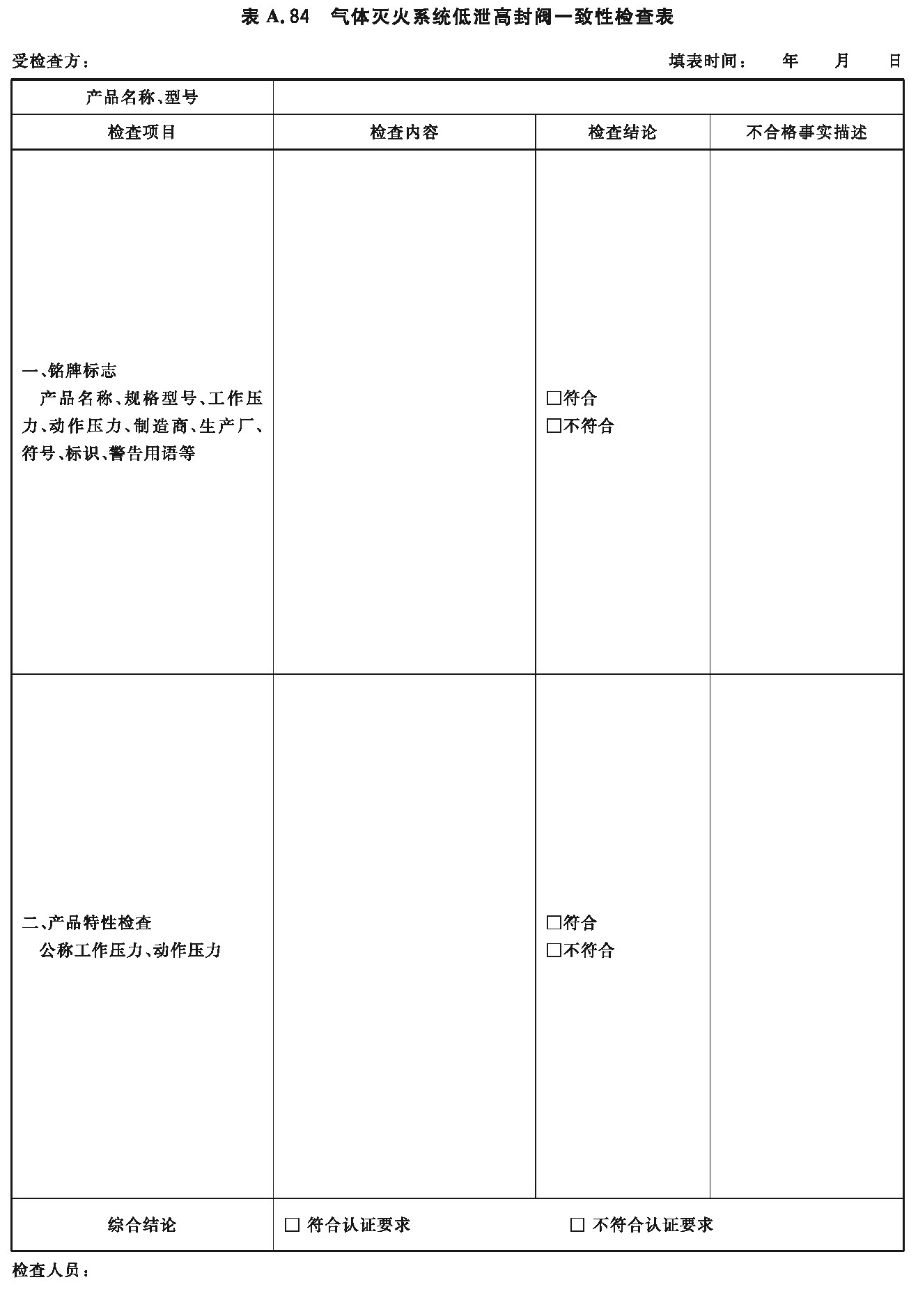 气体灭火系统低泄高封阀一致性检查表