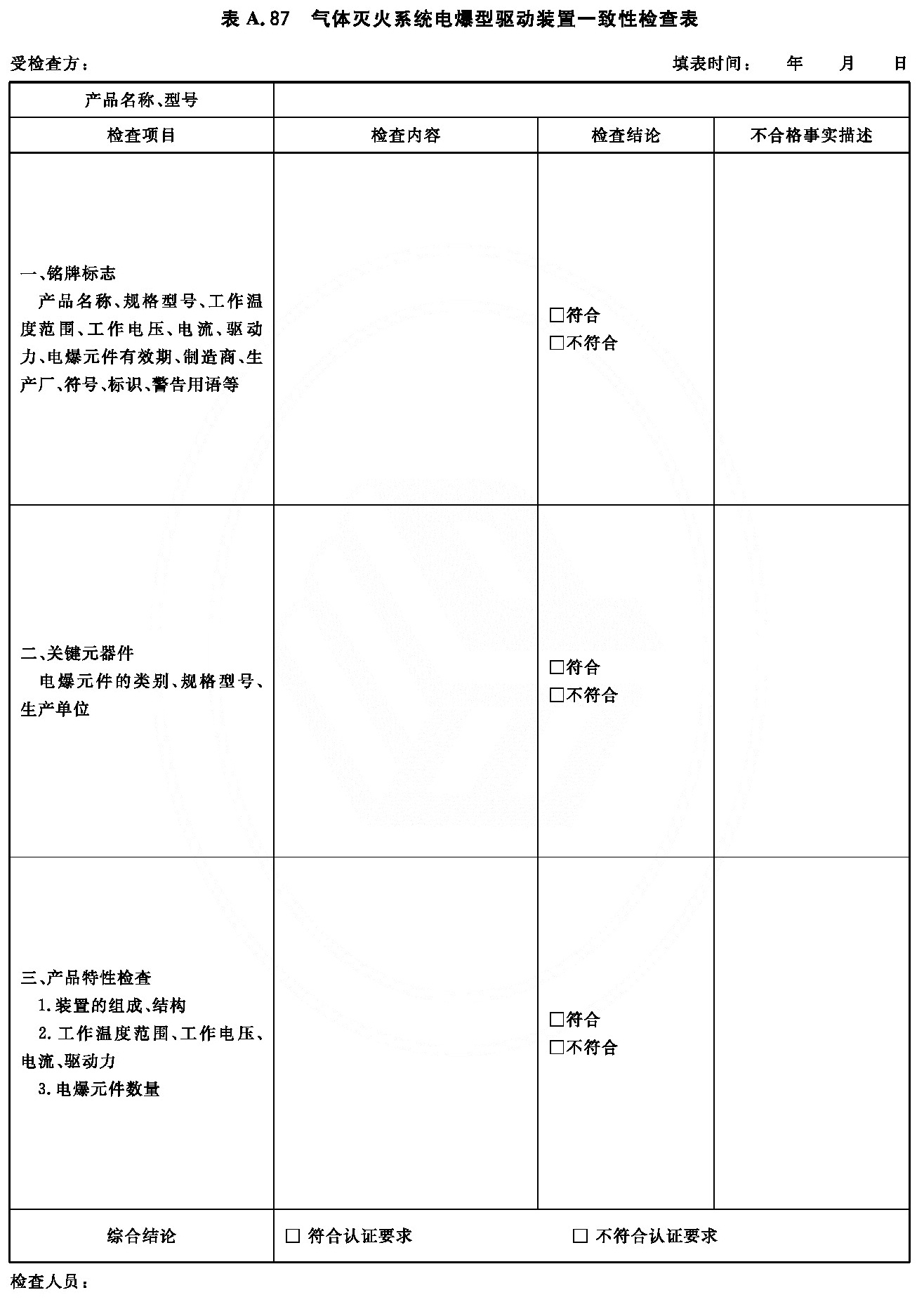 气体灭火系统电爆型驱动装置一致性检查表