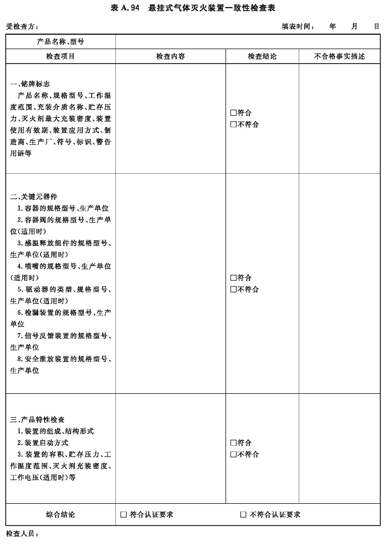 悬挂式气体灭火装置一致性检查表