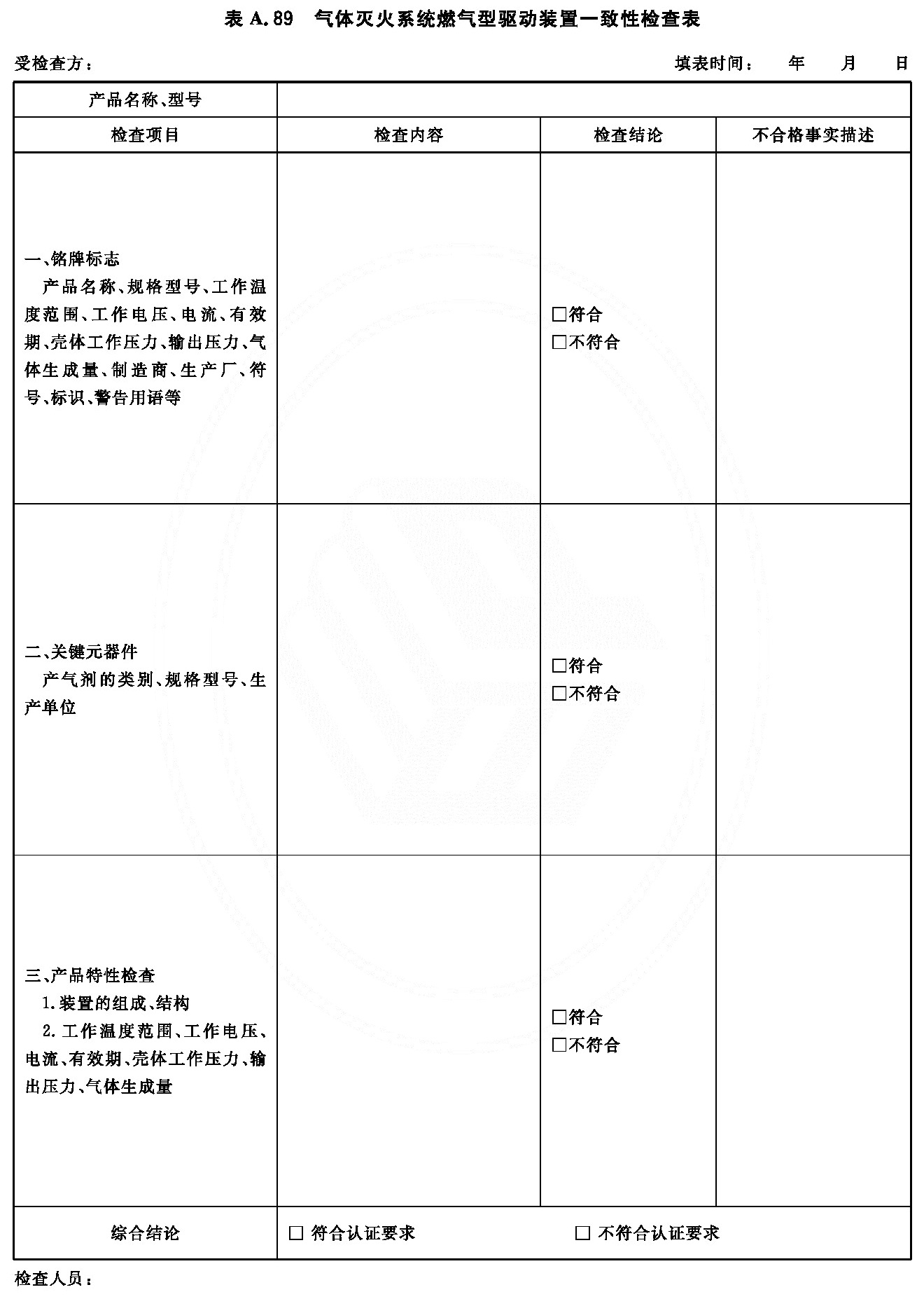 气体灭火系统燃气型驱动装置一致性检查表