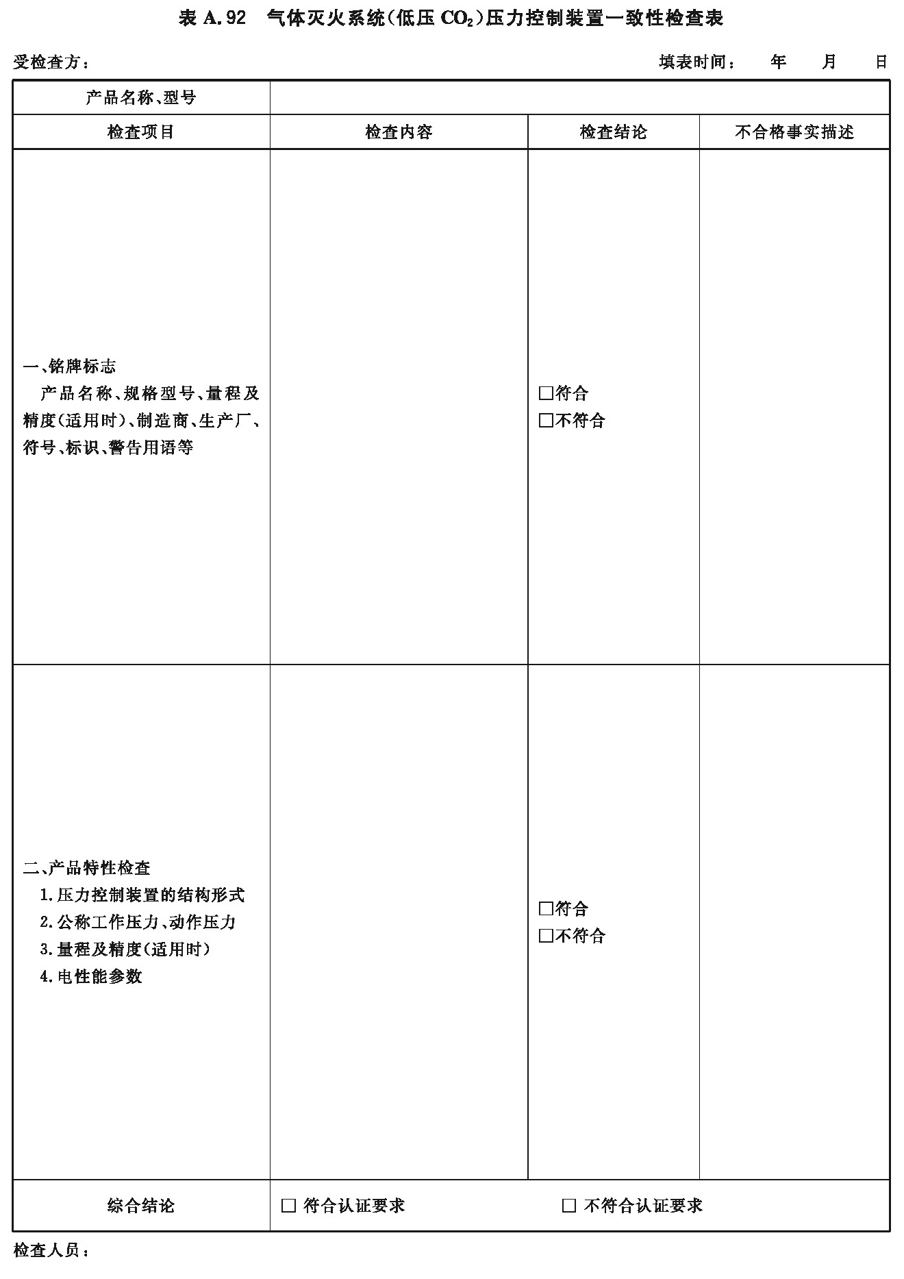 气体灭火系统（低压CO2）压力控制装置一致性检查表