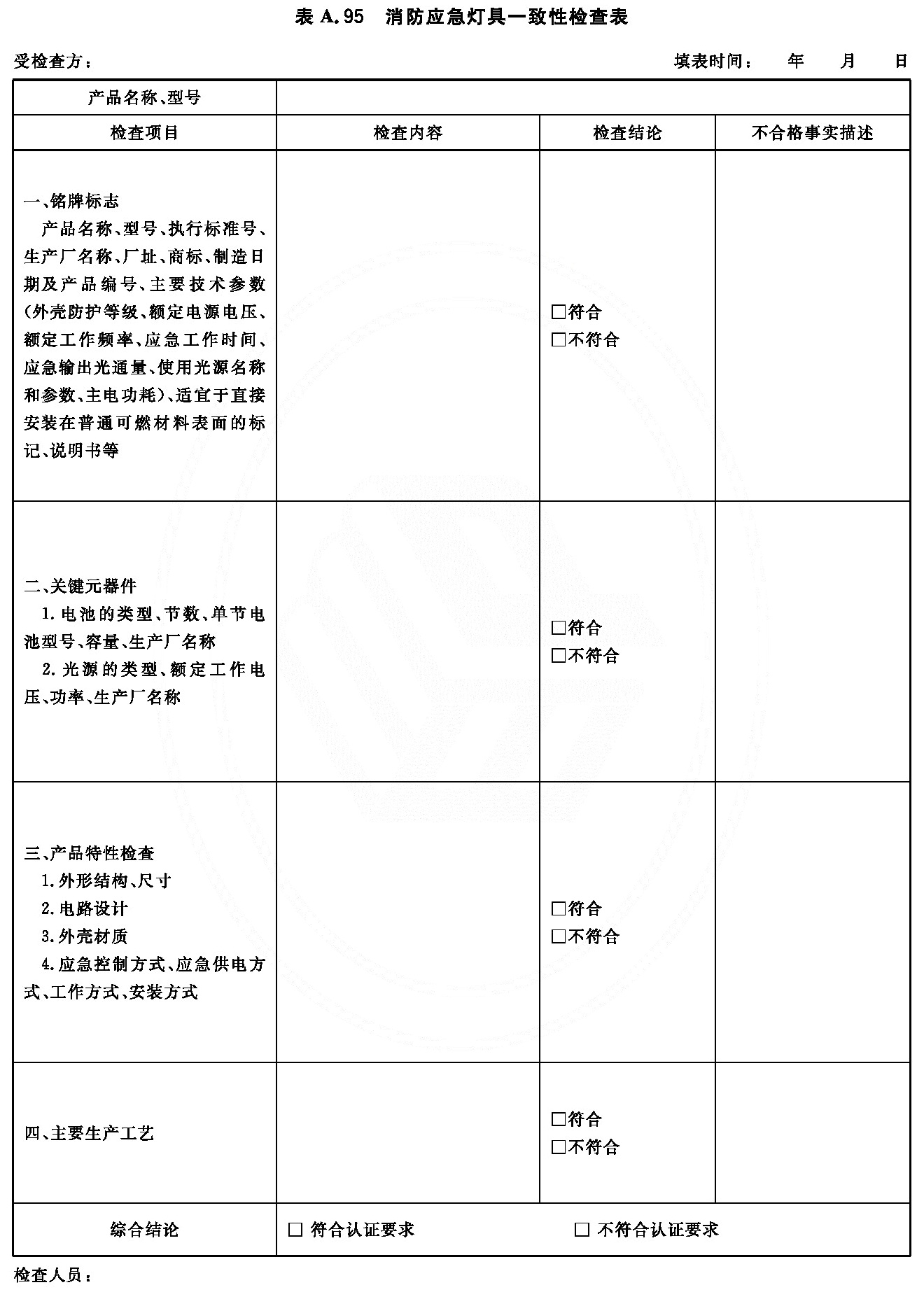 消防应急灯具一致性检查表