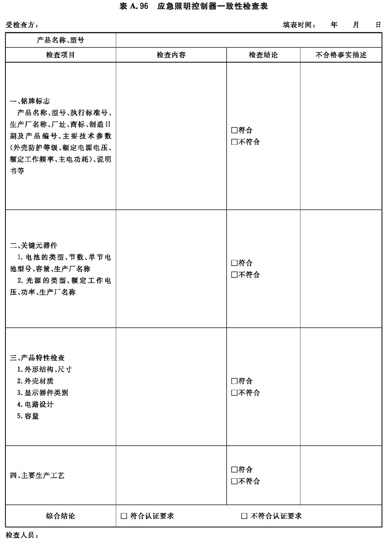 应急照明控制器一致性检查表