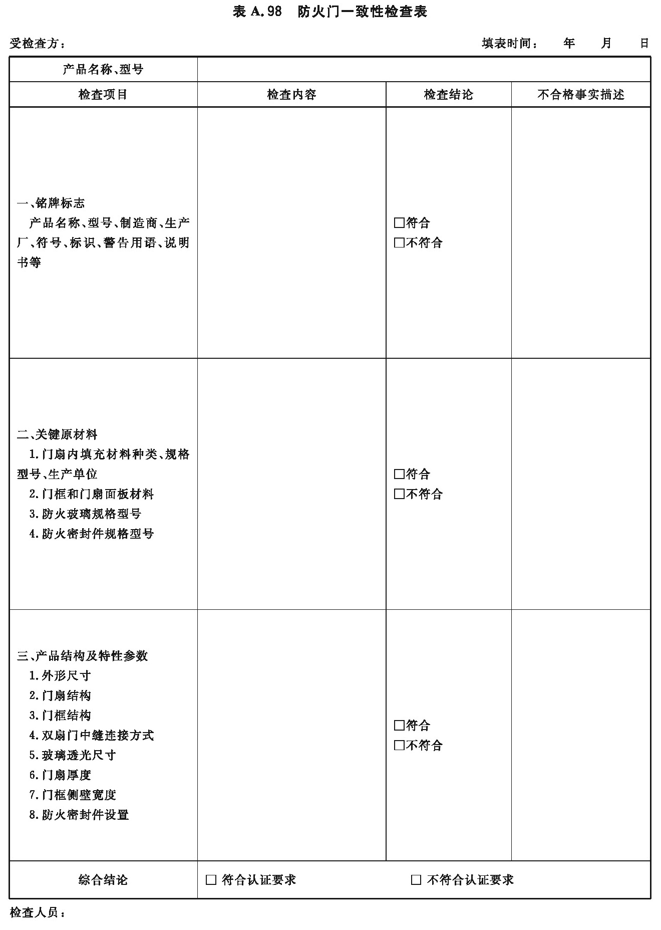 防火门一致性检查表