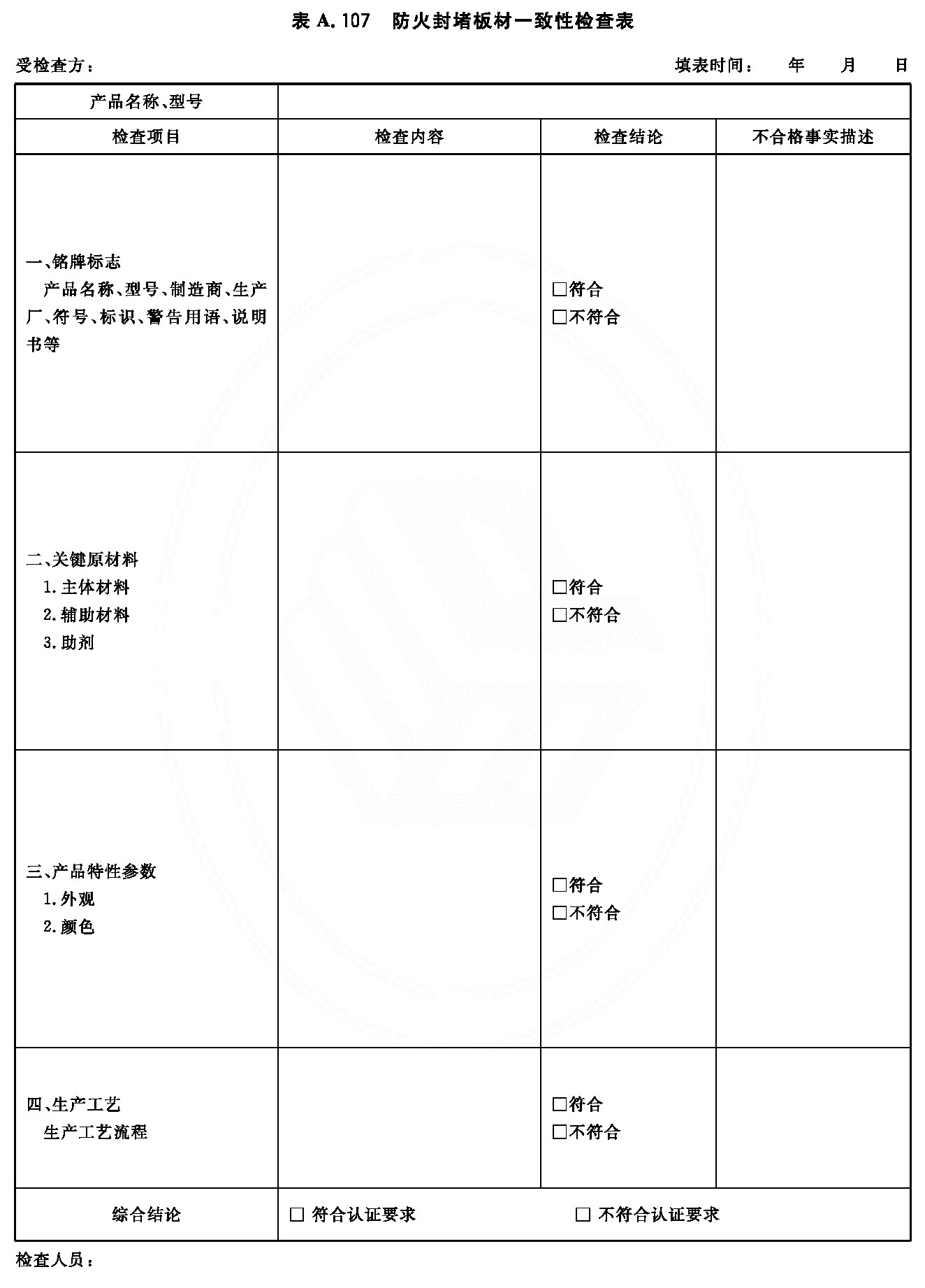 防火封堵板材一致性检查表