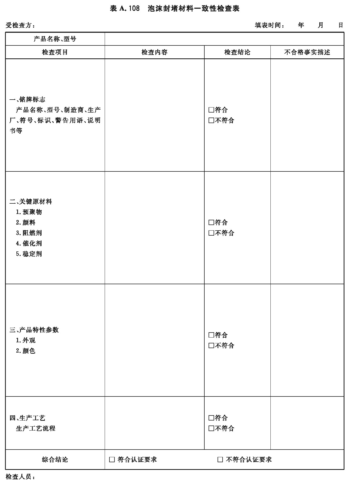 泡沫封堵材料一致性检查表