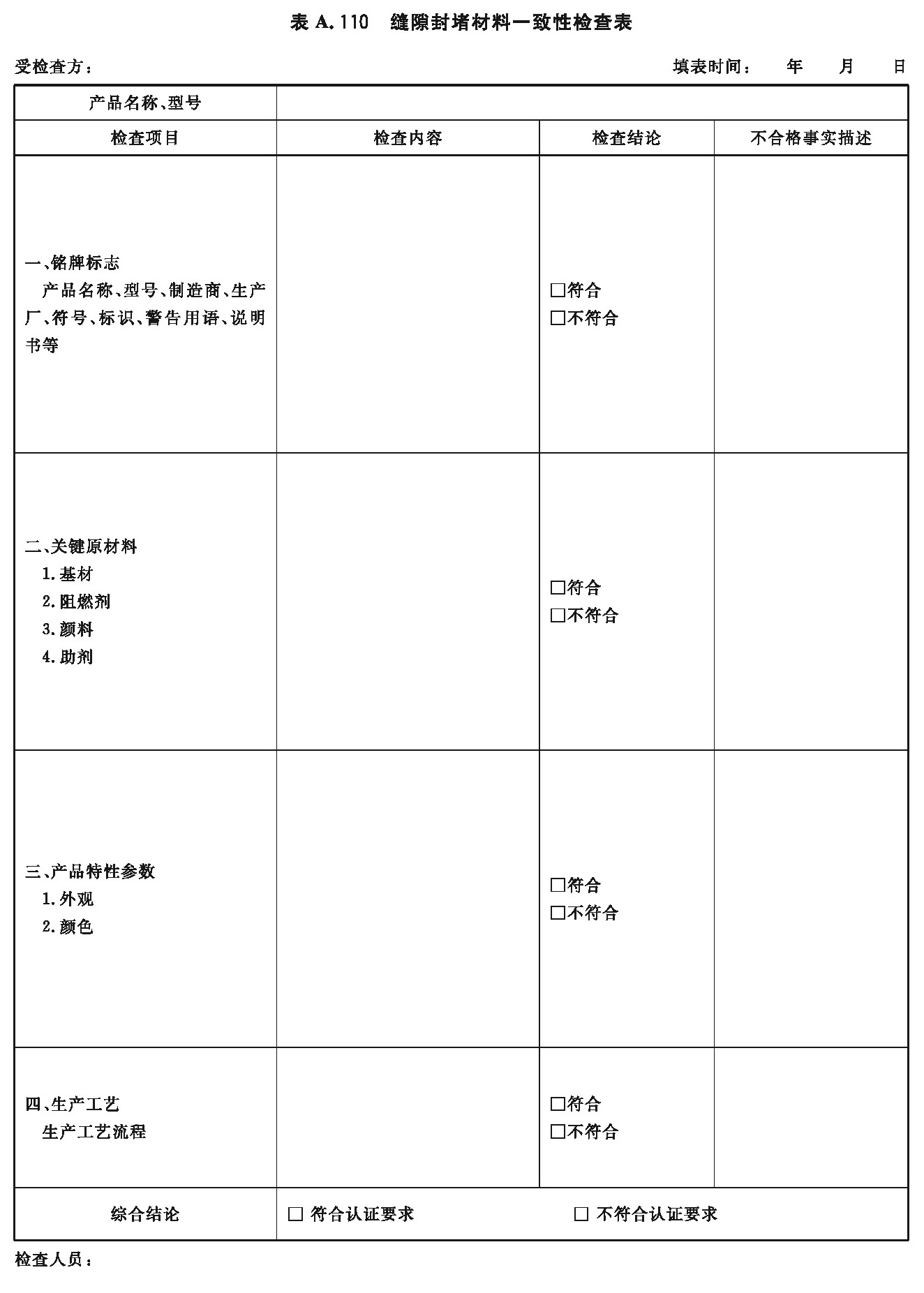 缝隙封堵材料一致性检查表