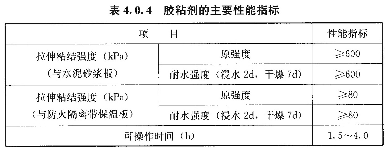 表4.0.4 胶粘剂的主要性能指标