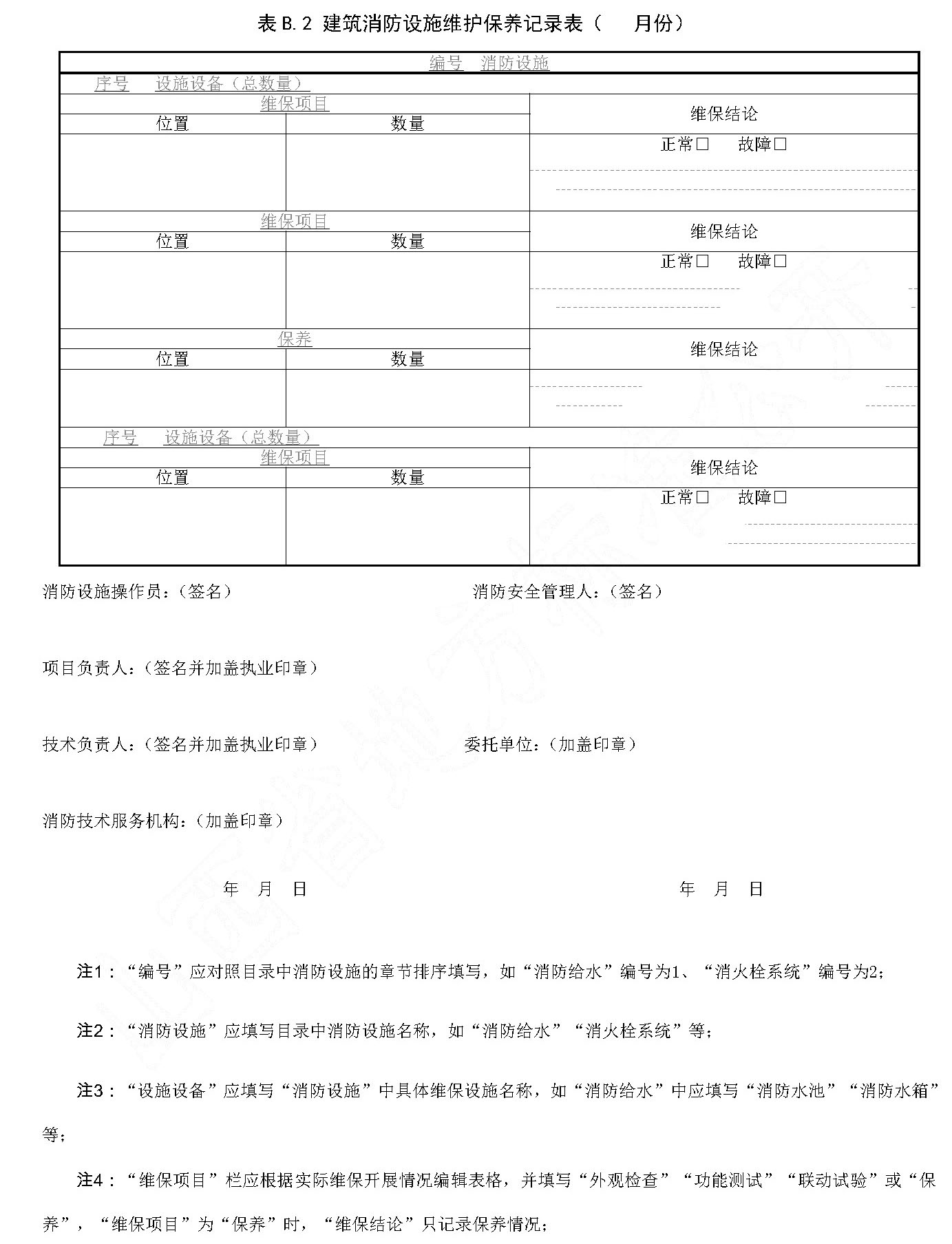 表B.2 建筑消防设施维护保养记录表