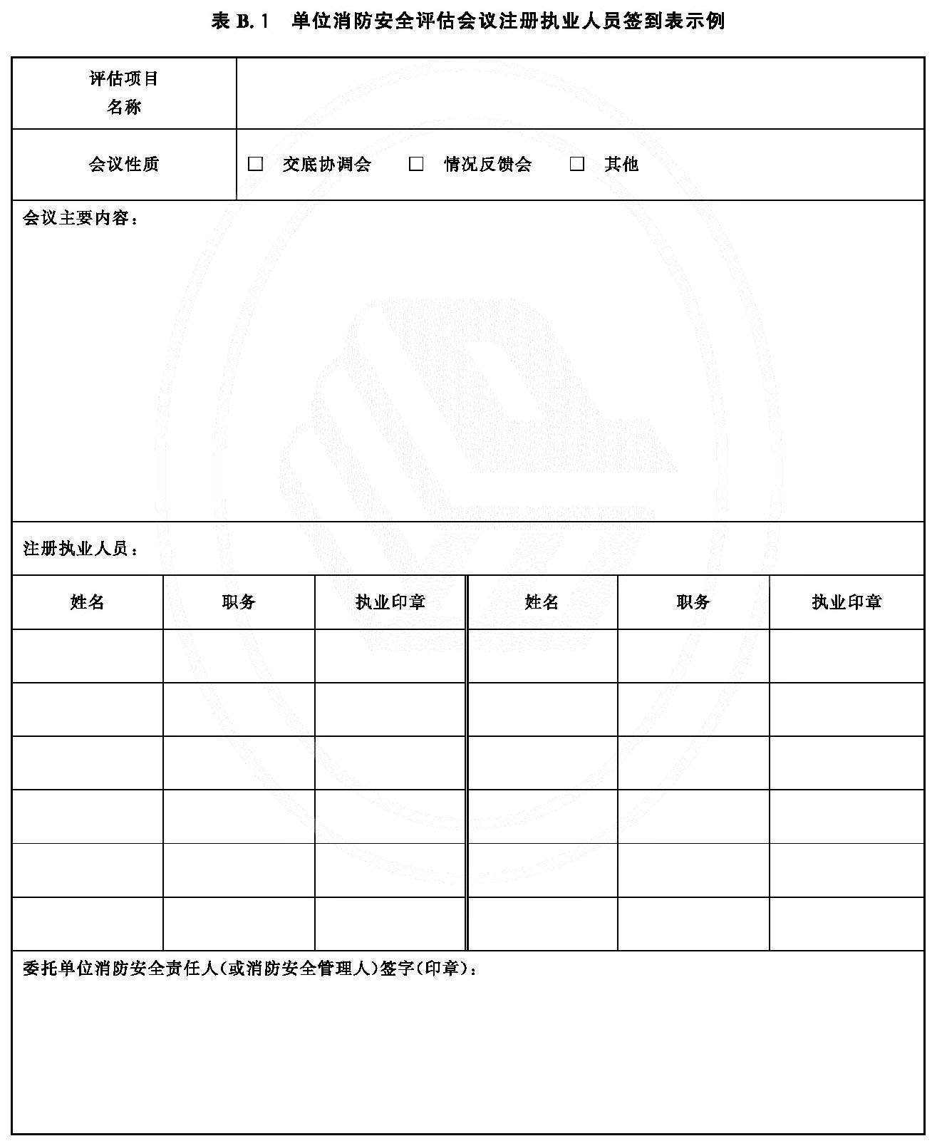 表B.1 单位消防安全评估会议注册执业人员签到表示例