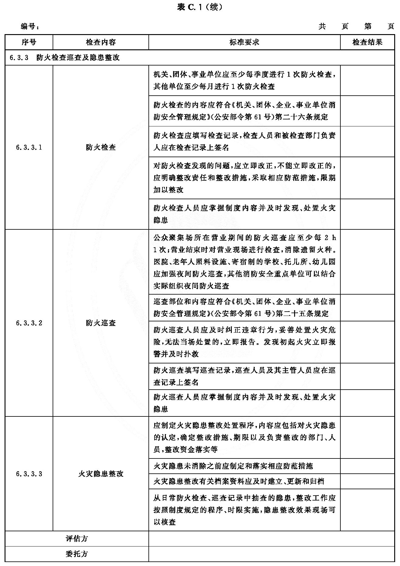  表C.1 消防安全评估记录表示例