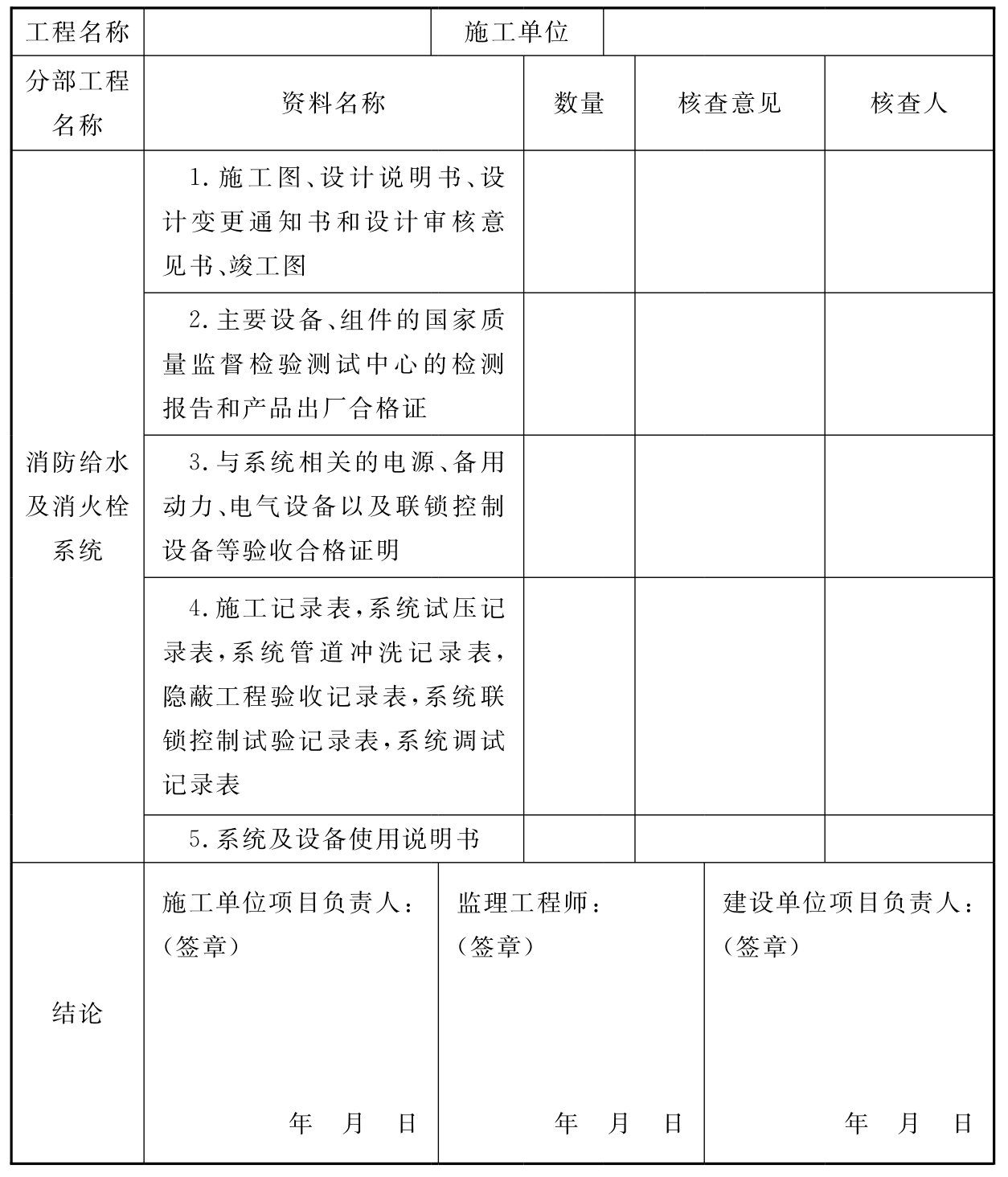 表D 消防给水及消火栓系统工程质量控制资料检查记录