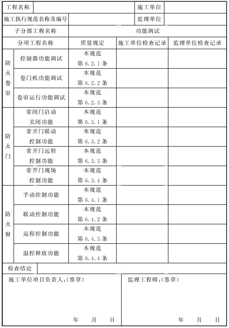 表C.0.1-4 防火卷帘、防火门、防火窗调试过程检查记录