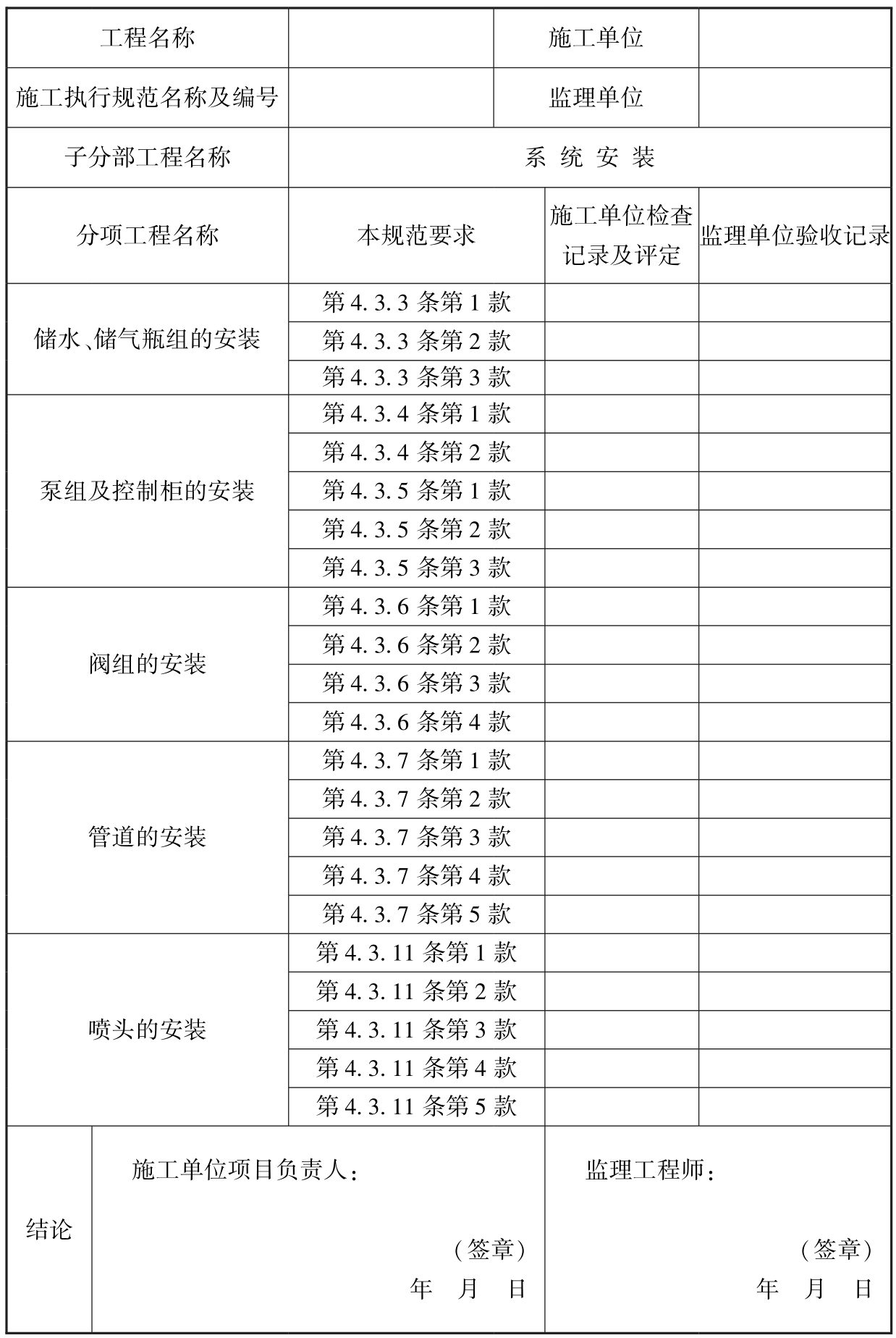 表D.0.2 细水雾灭火系统安装质量检查记录