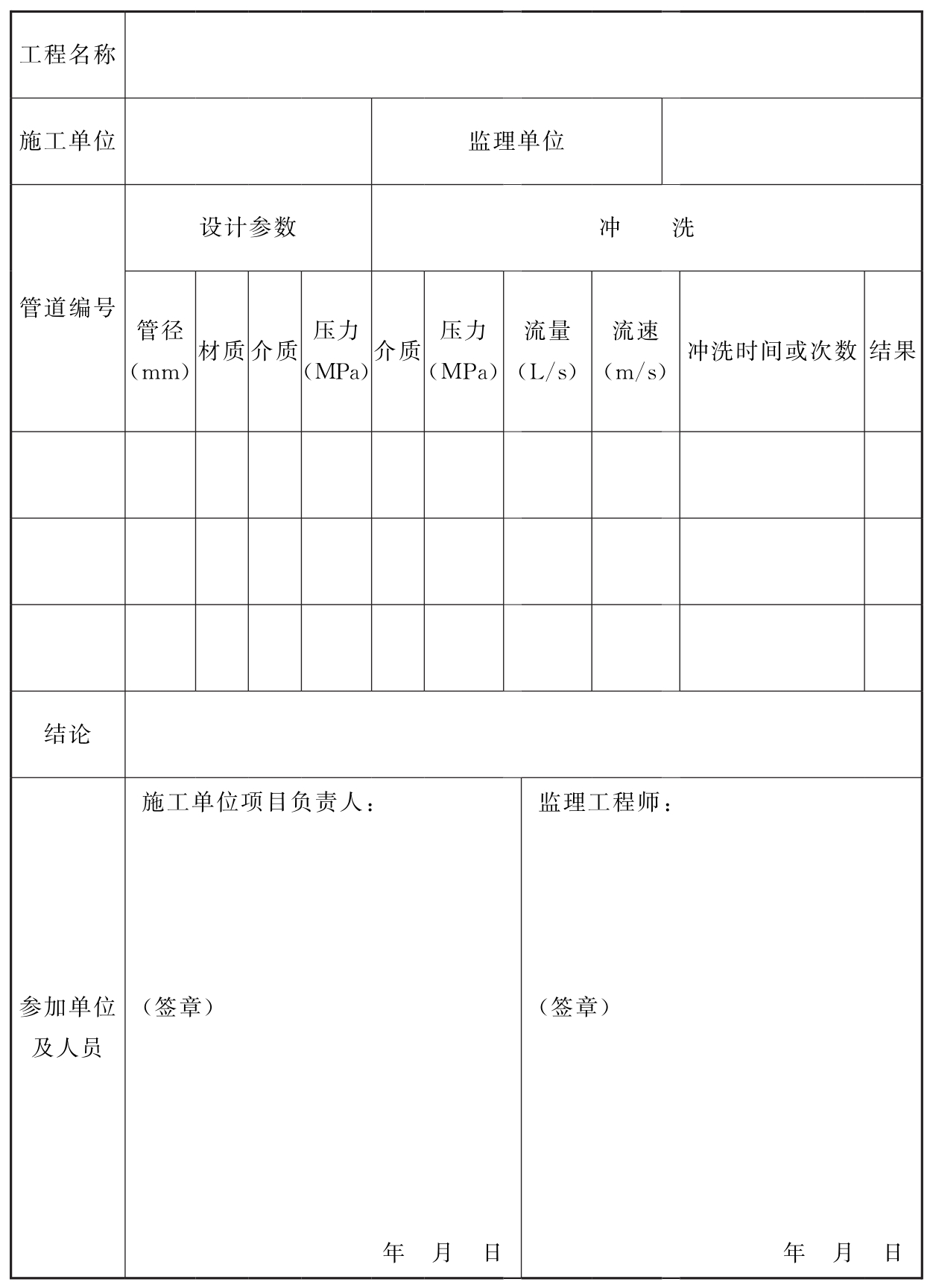 表D.0.5 系统施工过程中的管道冲洗记录  