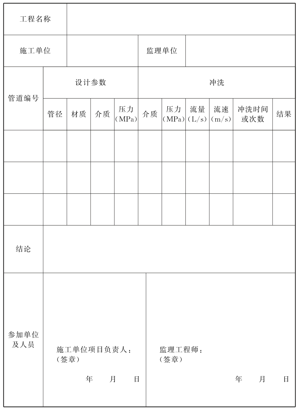 表C.0.6 冲洗记录