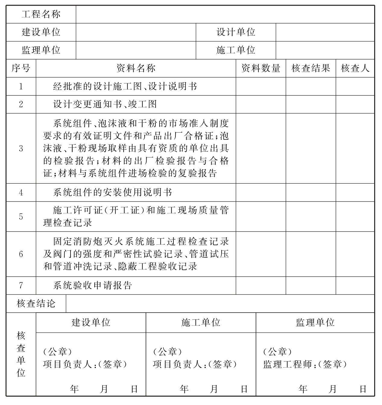 表E 固定消防炮灭火系统质量控制资料核查记录