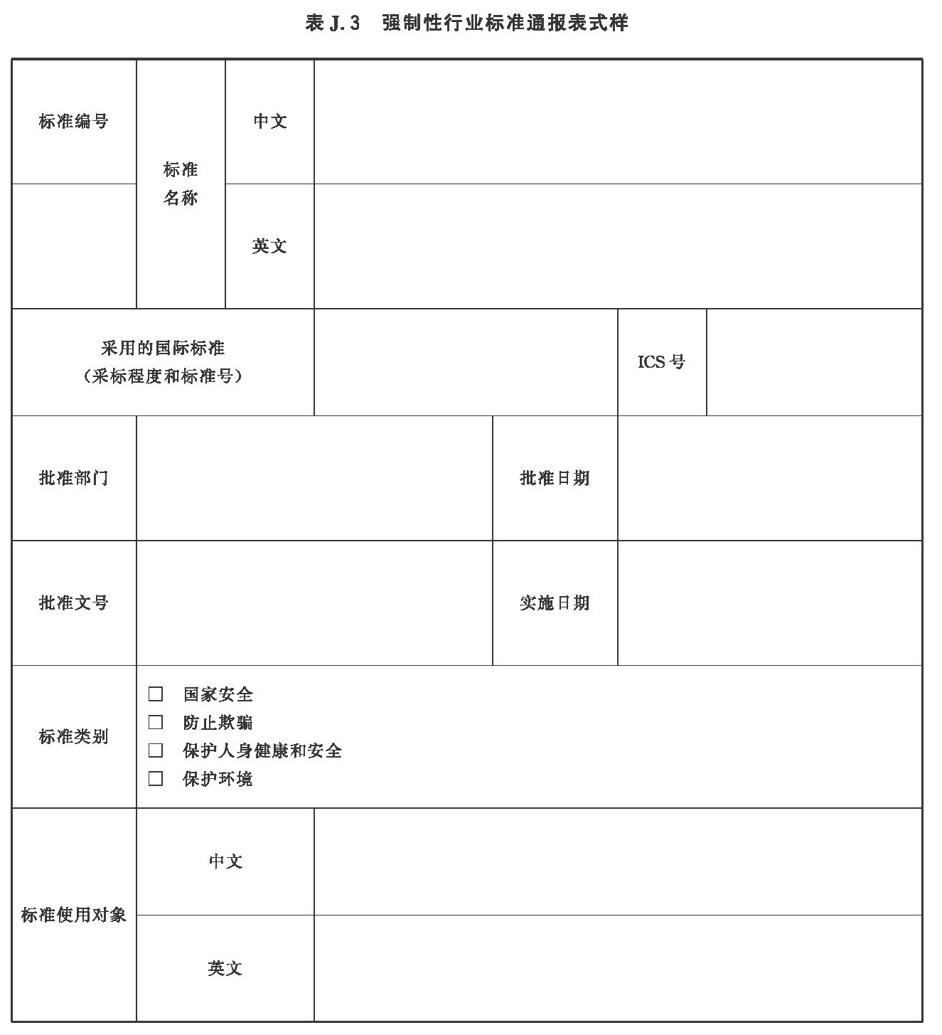 强制性行业标准通报表式样