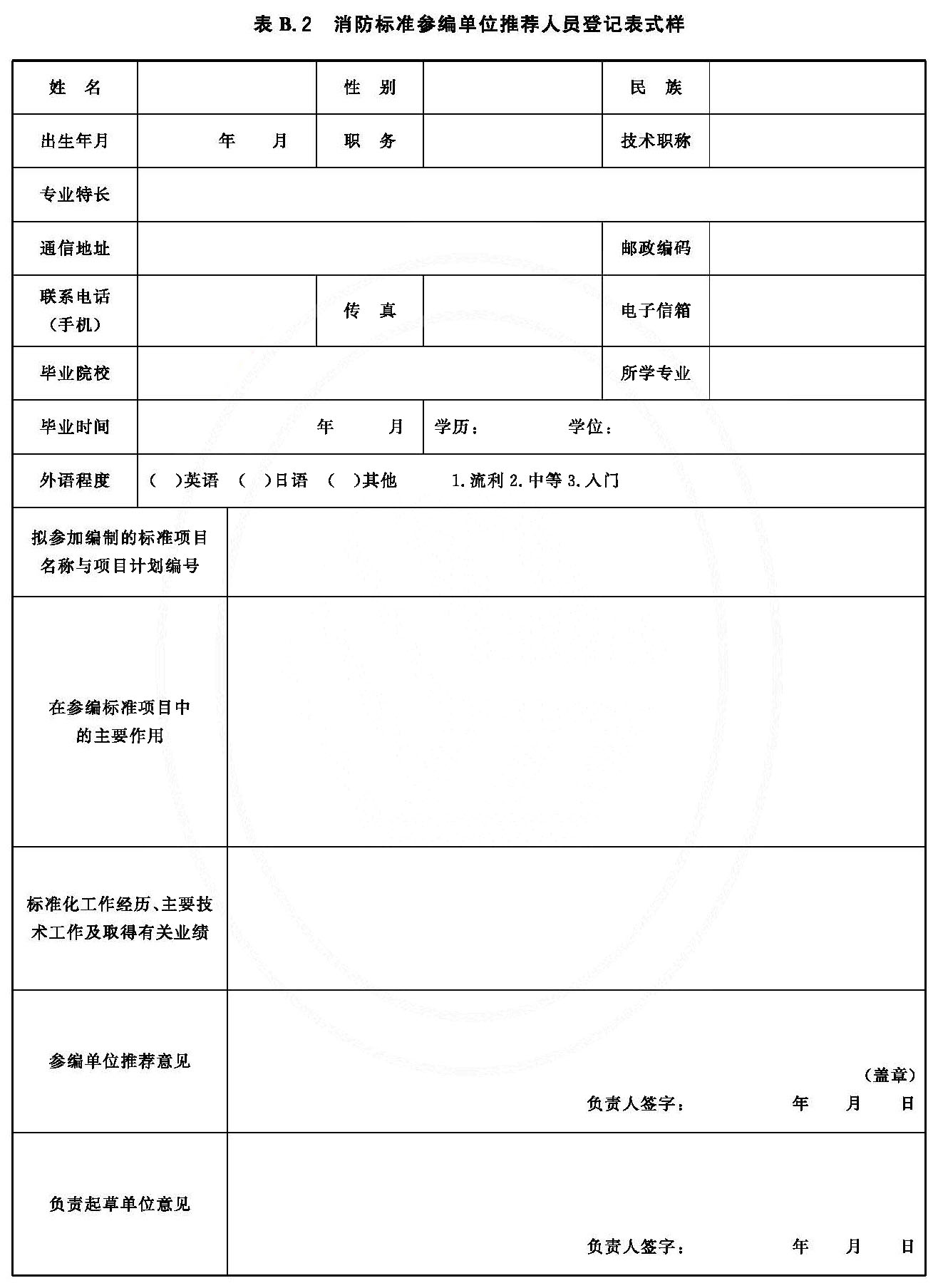 消防标准参编单位推荐人员登记表式样