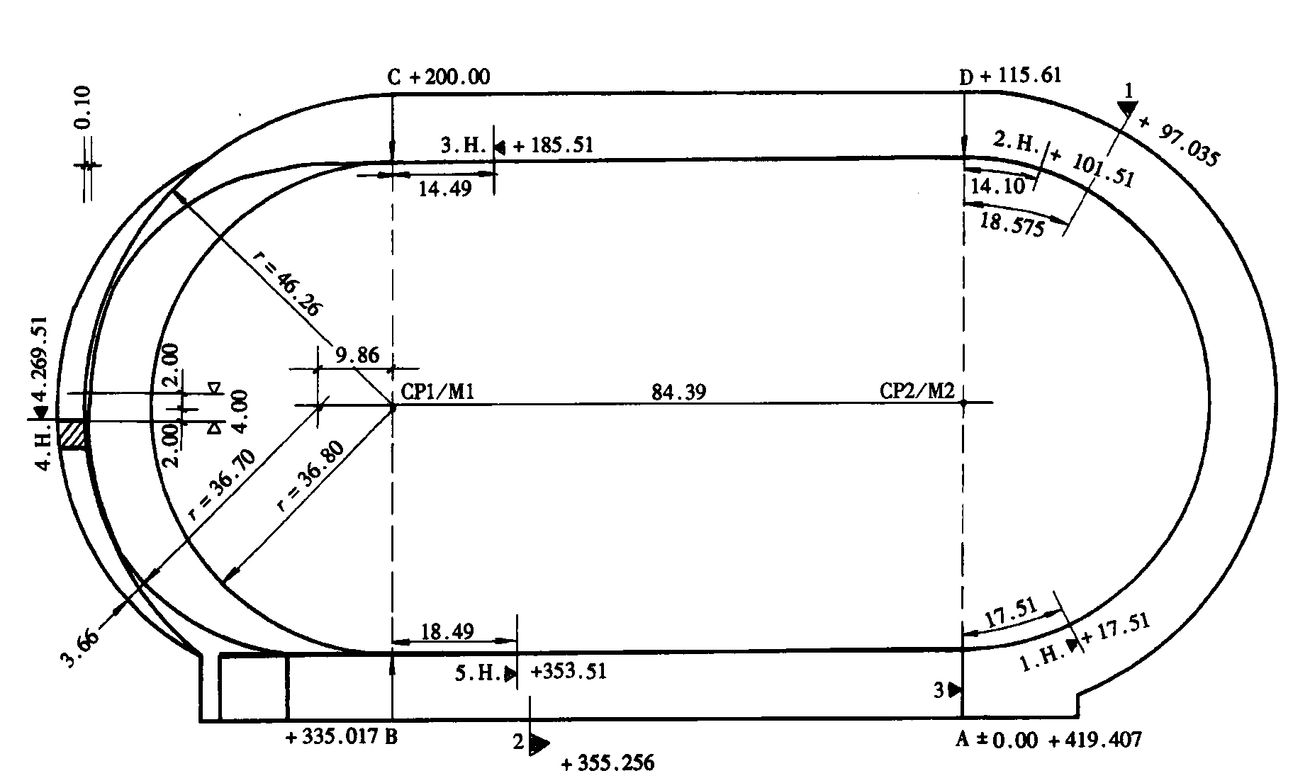 图4 跳跃水池在400m标准弯道外的障碍跑跑道（单位：m）