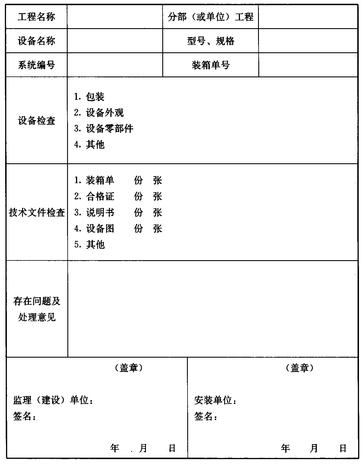 表A-1 设备、材料进场检查记录