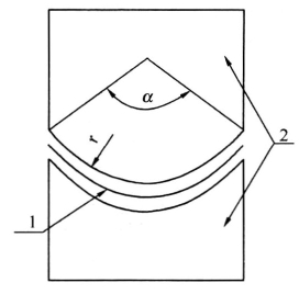 图11.3.5-2 圆齿齿纹锚具单齿示意图 1—碳纤维复合板；2—锚具；α—齿纹弧度圆心角；r—齿纹半径
