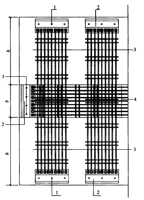 图13.3.1 采用钢丝绳网片加固的受弯构件三面展开图 1—胶粘型锚栓；2—固定板；3—抗剪加固钢筋网(横向网)；4—抗弯加固钢筋网片(主网)；b—梁宽；h—梁高