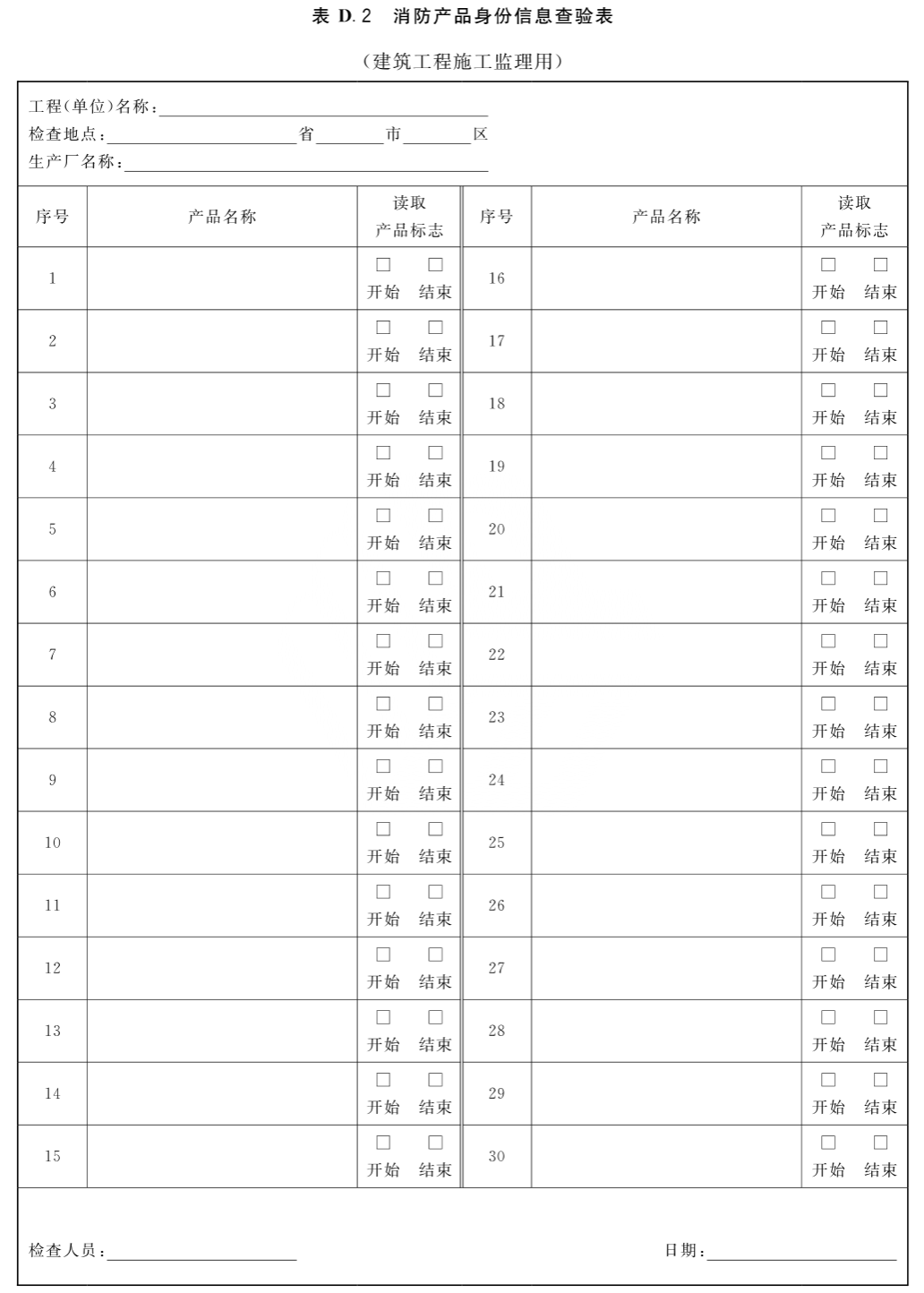 消防产品身份信息查验表（建筑工程施工监理用）